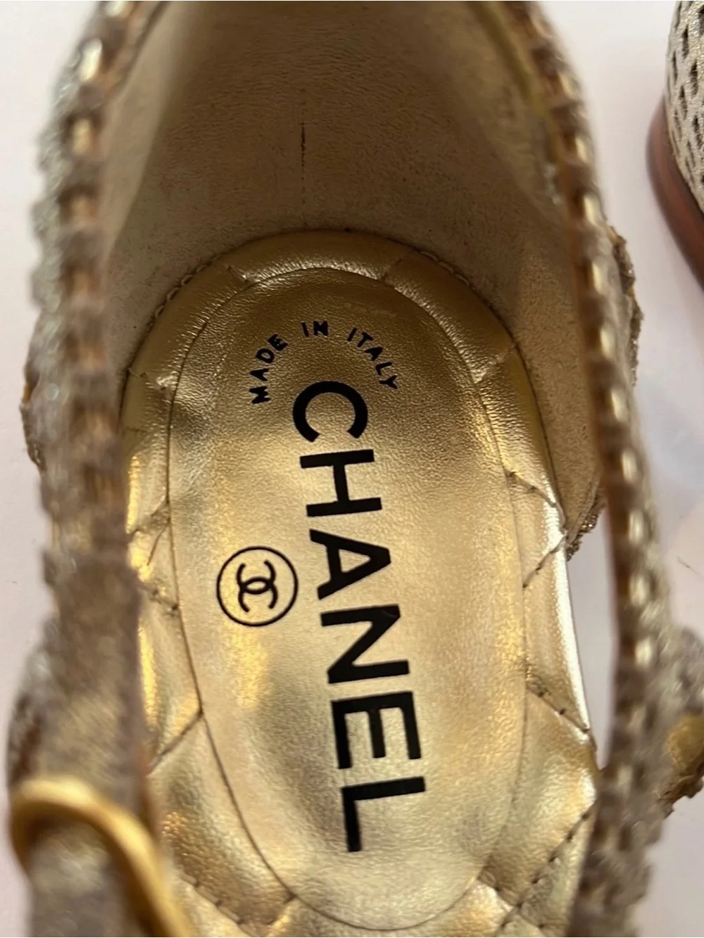Chanel Gold Quilted CC Camelia Sandals‎